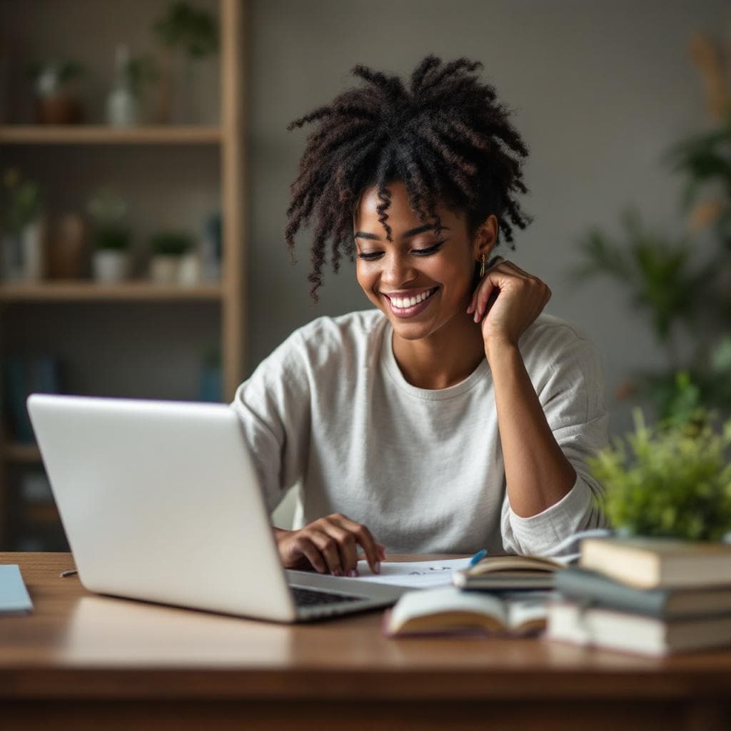 AI generated: Create an up close image of a young African, fair skinned lady sitting on a study desk with a laptop...