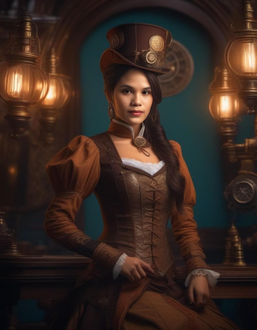 AI generated: steampunk theme), Victorian era, centered, official artwork, a cute girl, ponytail hair, steampunk d...