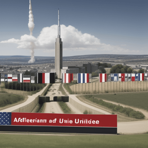 AI generated: Apartheid Wallon the background, with rockets coming from above depicting flags of the United States...