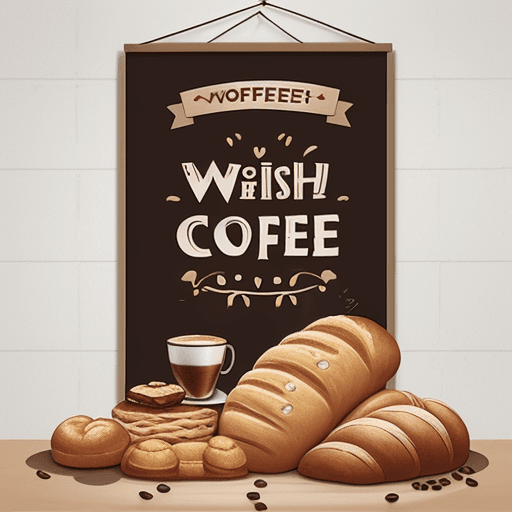 AI generated: a poster ,have a complete word"wish coffee"for main theme, on the top, and bread for decorate  ,more...