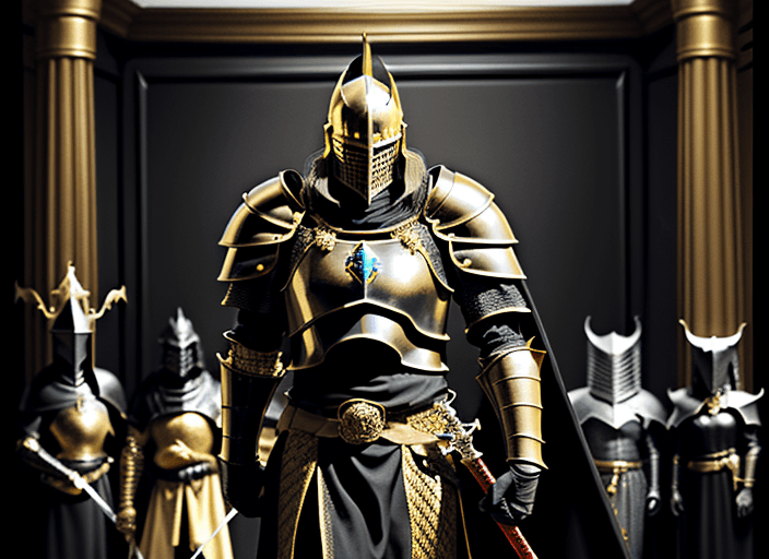 AI generated: black knight with gold sword at his side in a darck room. with monsters surrounding him.