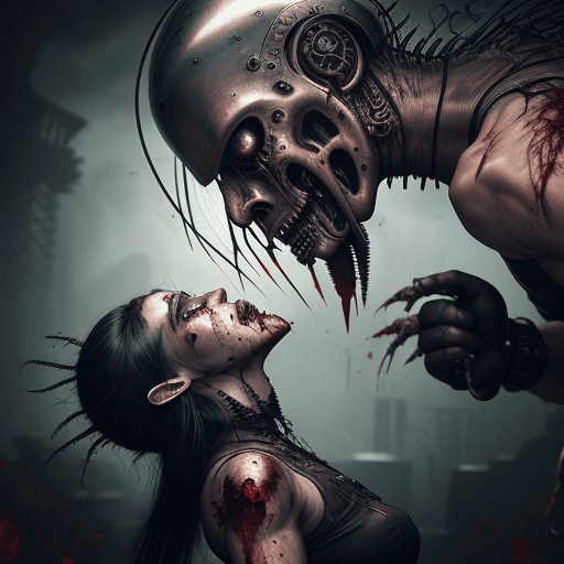 AI generated: Hyper realistic steampunk cyborg chopping the head off an alien, blood, guts, slaughter, giant futur...