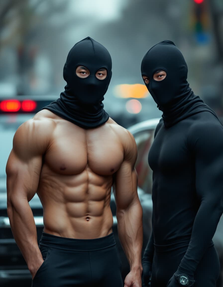 AI generated: Two athletic male Asian Chinese are wearing compression jammers are under police investigation next ...