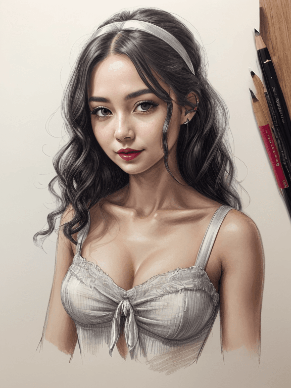 AI generated: best quality,highly detailed,black ribbon,adorable girl, bust,traditional_media,Long skirt, sketch.....
