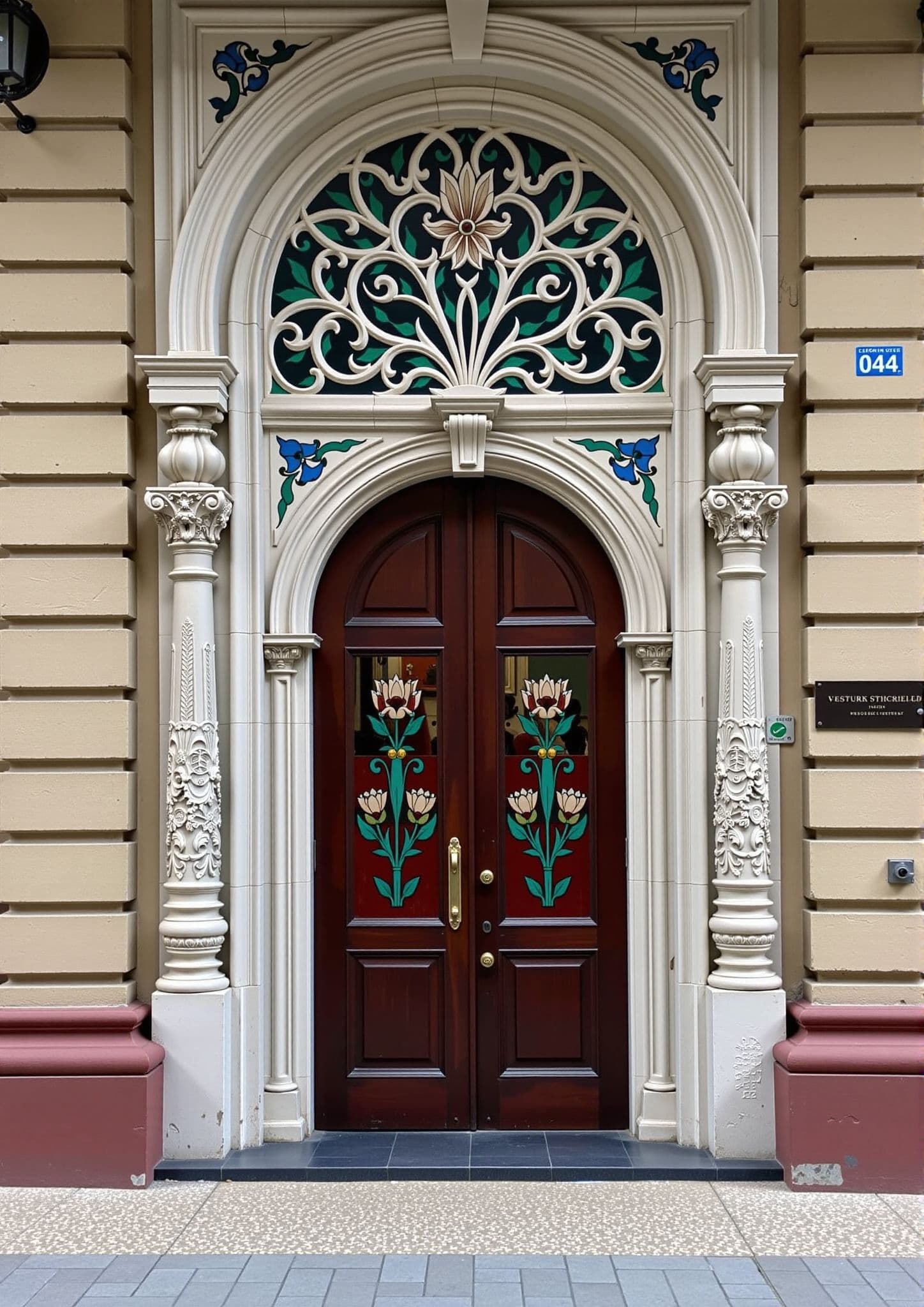 AI generated: A beautiful art nouveau doorway, intricately decorated with floral patterns and stained glass. <lora...