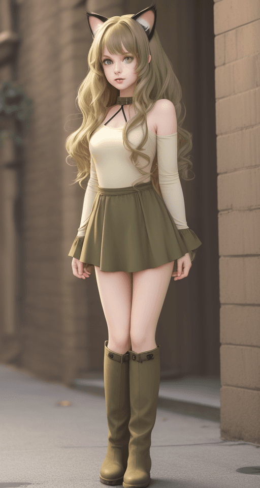 AI generated: Short Young lady, long light beige wavy hair, dark green eyes, cat ears, wide hips, olive  ankle boo...