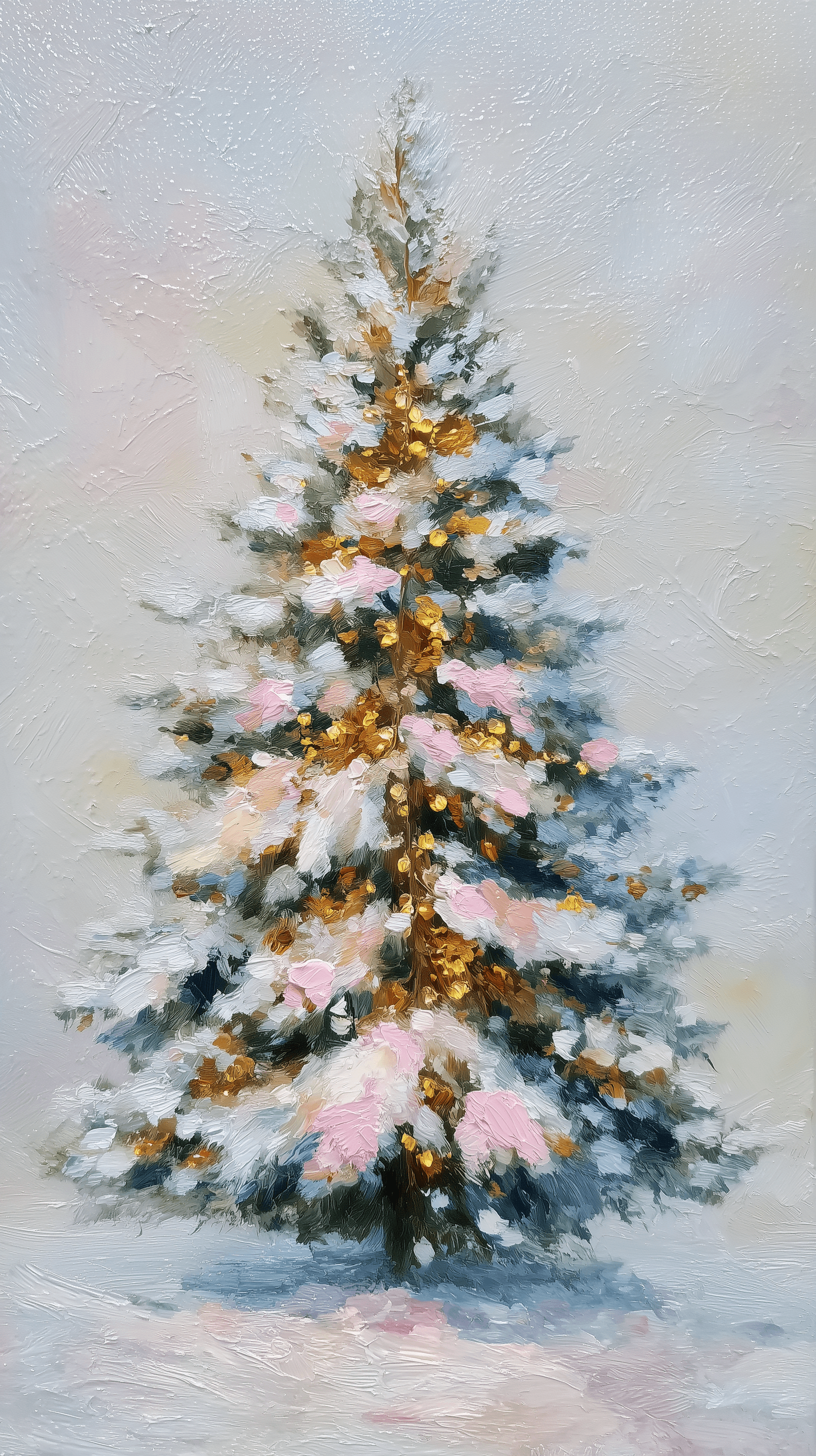 AI generated: watercolor & gouache painting, centered vertical composition, solitary christmas tree covered with s...