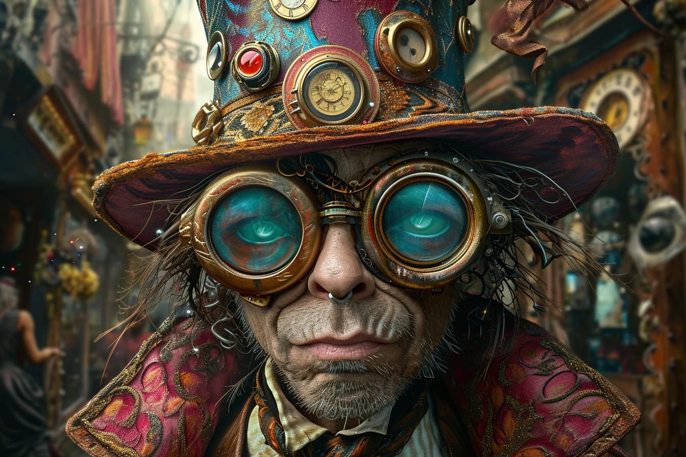AI generated: Steampunk Wille Wonka, raw colors, chipotized, Tim Burton style, photo-realistic, intricate details ...