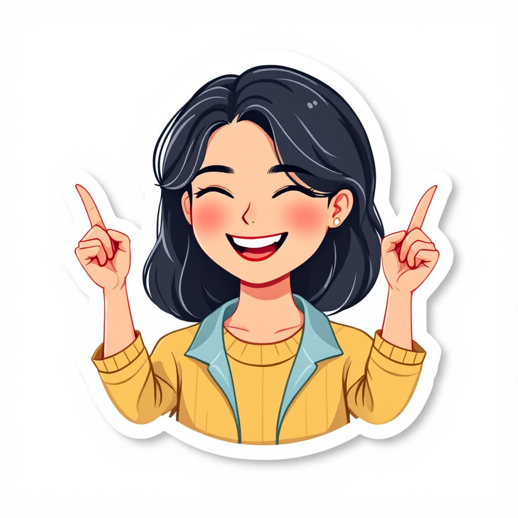AI generated: A flat illustration of 1 asian women promote emoji sticker happily, vibrant colors, Medium shot, , s...