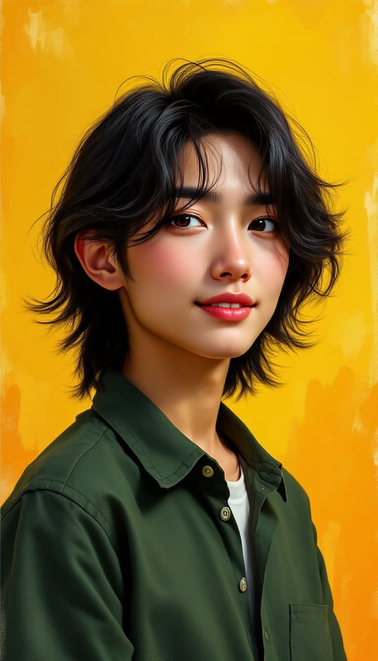 AI generated: 

"Create a portrait of a young person with medium-length, slightly wavy black hair, styled casually...