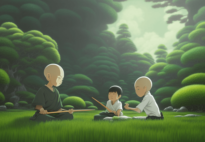 AI generated: create a painting of a zen master sitting in front of a young warrior boy standing and teaching him,...