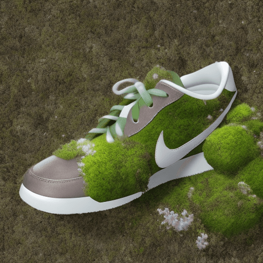 AI generated: nike sneakers made from green leaves and moss, small white flowers growing from moss, white backgrou...