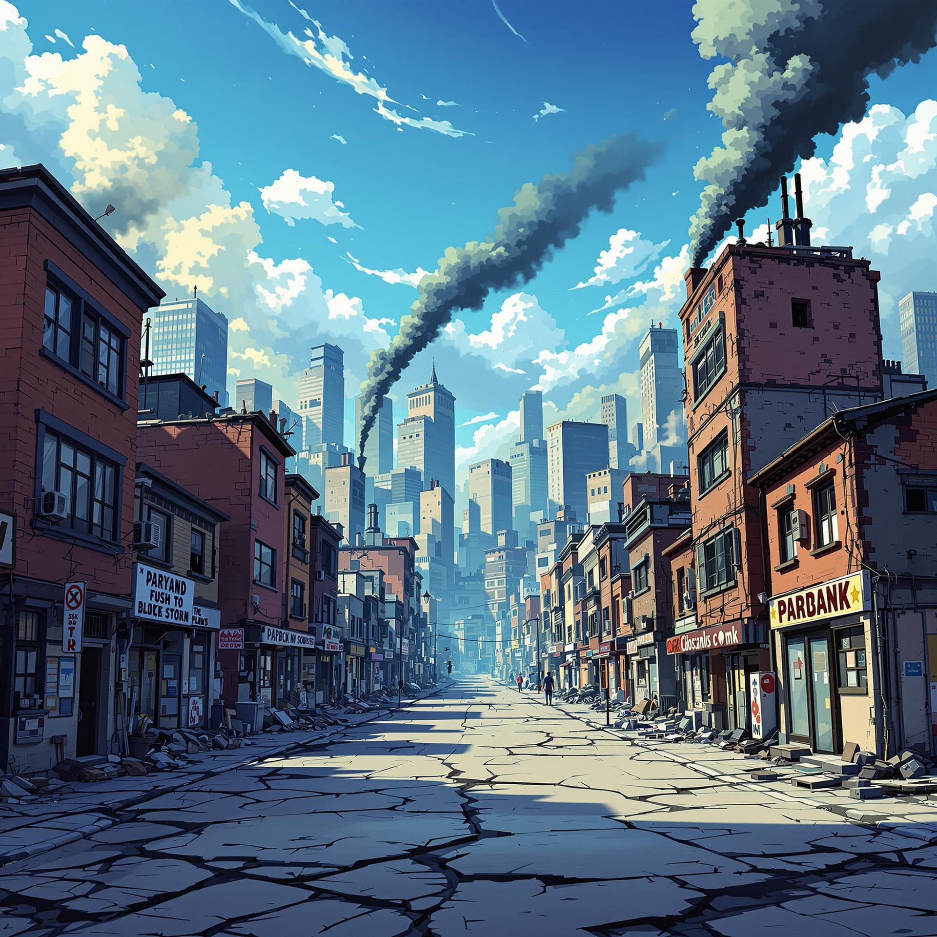 AI generated: urban city buildings, ghetto neighborhood, smoking buildings, anime styled destruction and cracked p...