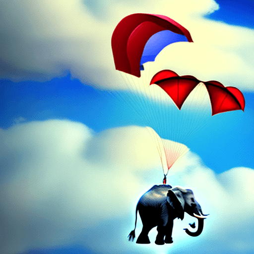 AI generated: Elephant with parachute, falling through the clouds