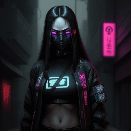 AI generated: High resolution, cyberpunk, female, sci-fi katana, long dark hair, streetwear, cybernetic eyes, poor...