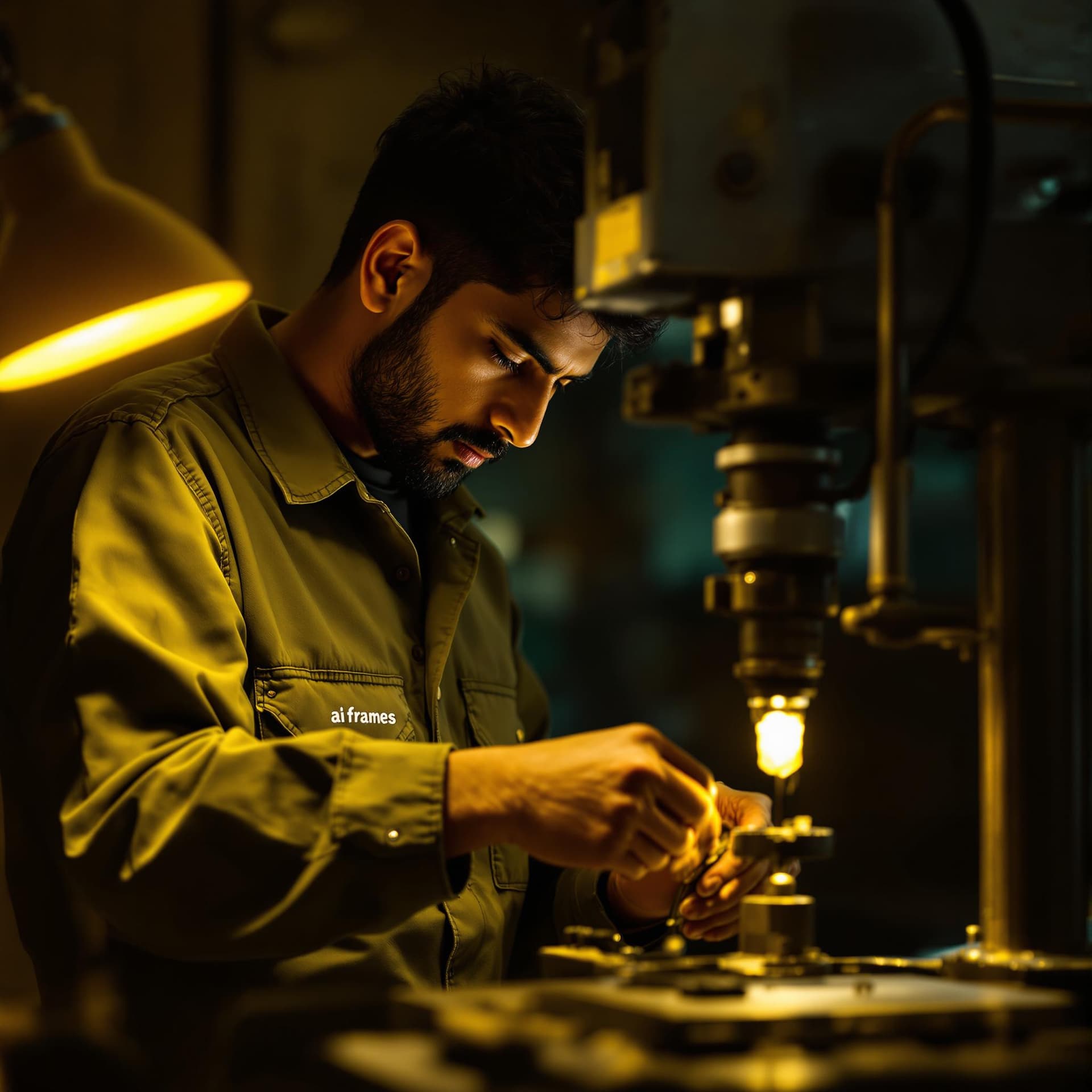 AI generated: The image shows a Indian young man deeply engrossed in his work with what appears to be a drill pres...