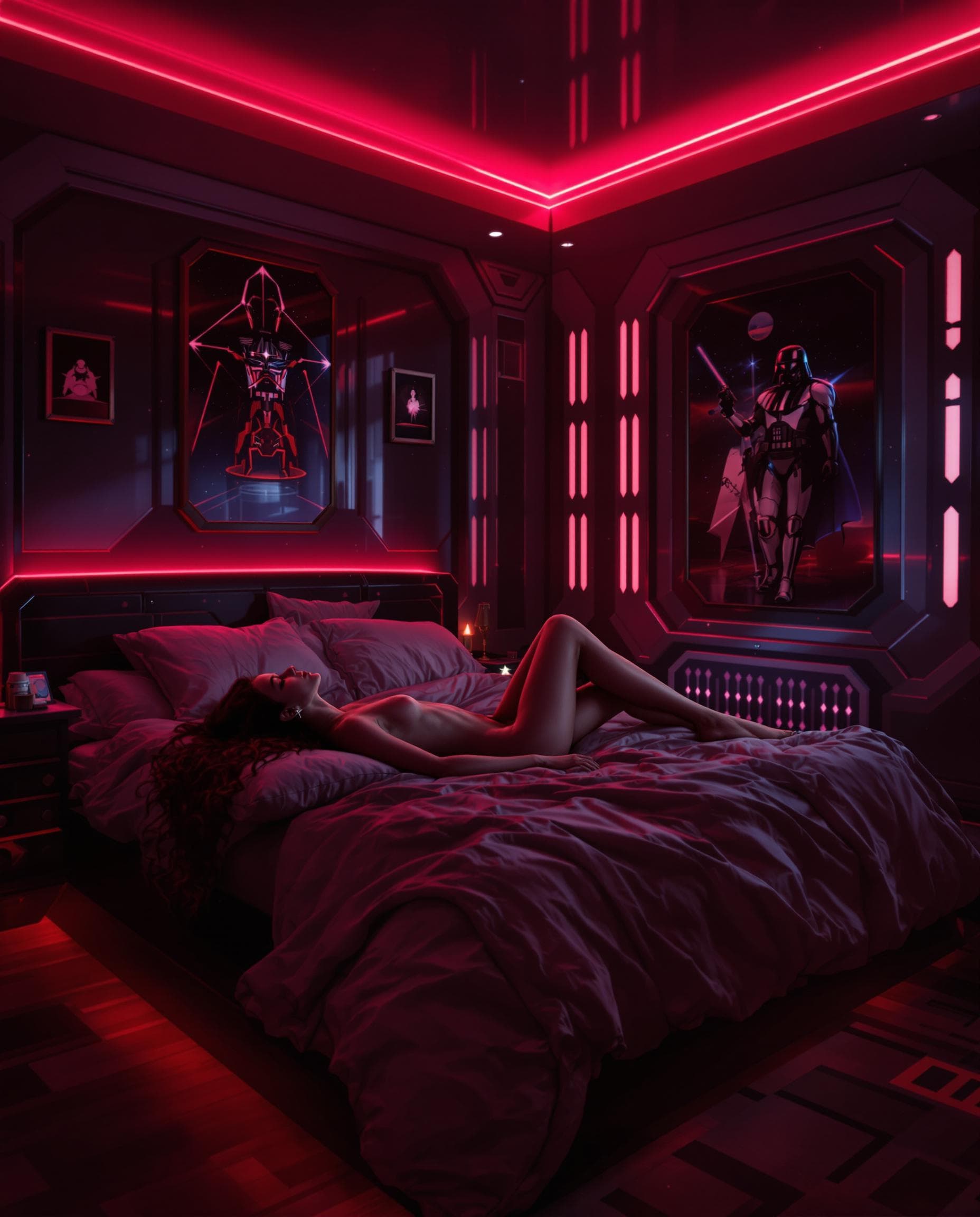 AI generated: 1 girl naked laying in a dark bedroom with red led lights, huge king size bed, Star wars themed room...