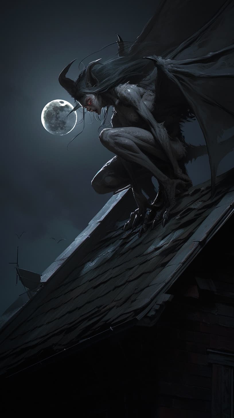 AI generated: Tiktik, female monster with bat-like wings and fangs, flying near a roof of a house, full moon in th...