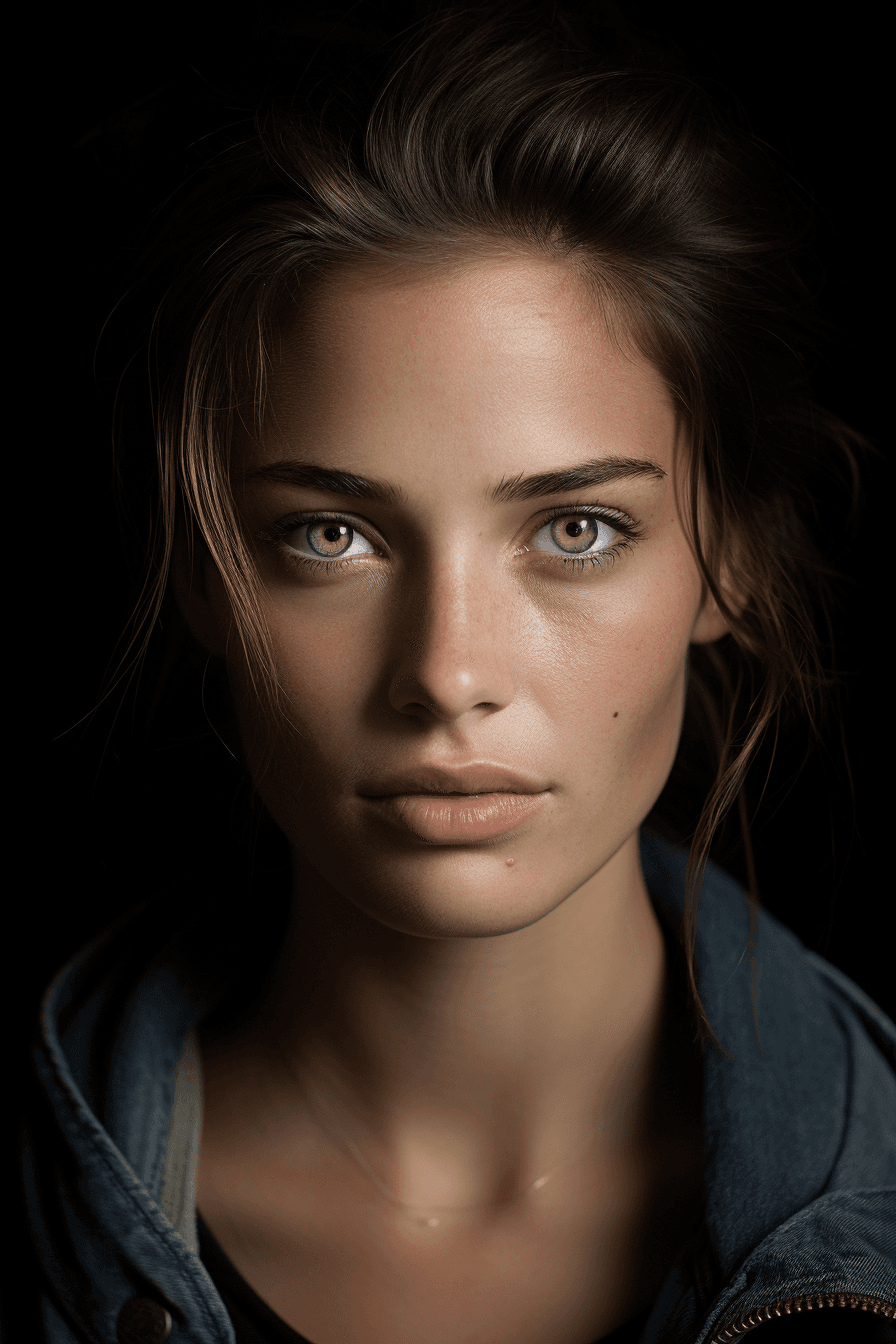 AI generated: Ultra-realistic photograph of a young woman with a dynamic expression, captured with a Fujifilm GFX ...