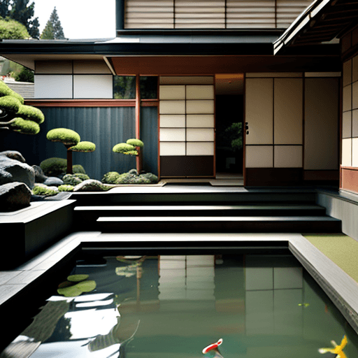 AI generated: photo, west coast midcentury modern house, atrium surrounding koi pond, japanese style landscaping, ...