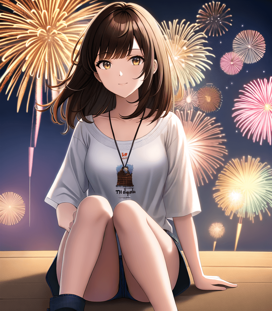 AI generated: ((perfect anime illustration)), 1girl, brown hair, medium hair, night sky, 9:00 pm, fireworks, ((gir...
