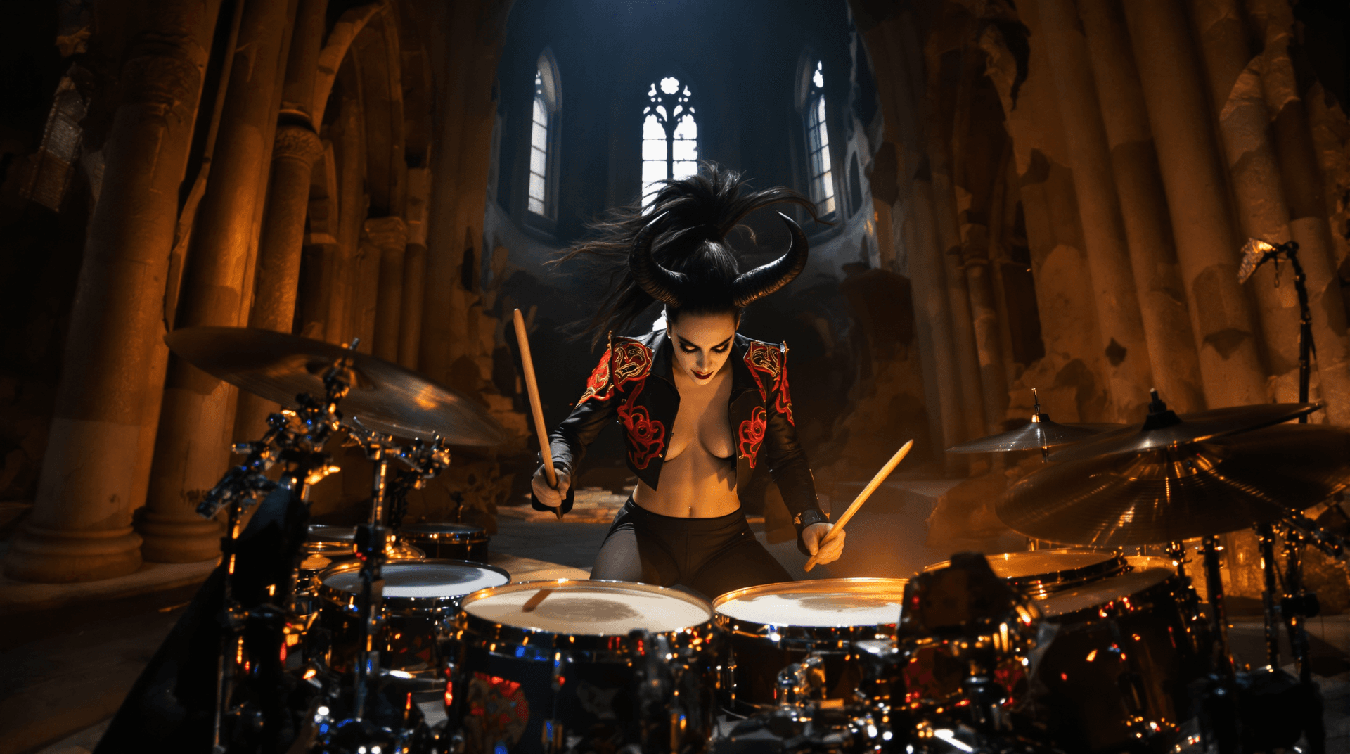 AI generated: A dynamic, explosive cinematic phot of Lamašatu, the demon drummer, unleashing a torrent of rhythmic...