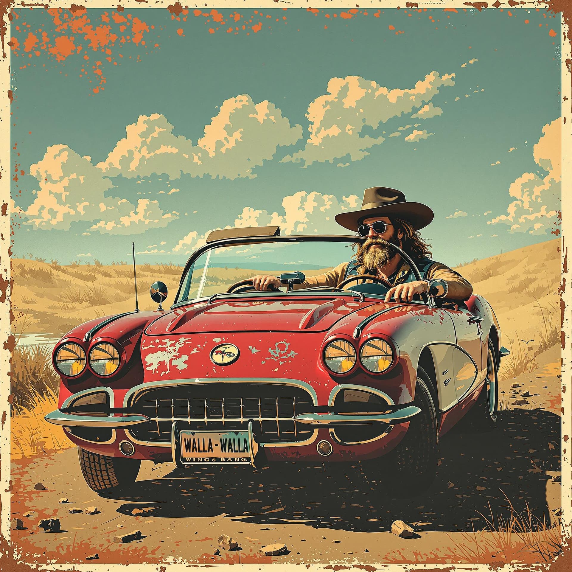 AI generated: Corvette convertable vintage poster,  A hippy driver with a top hat in the style of rustic simplicit...