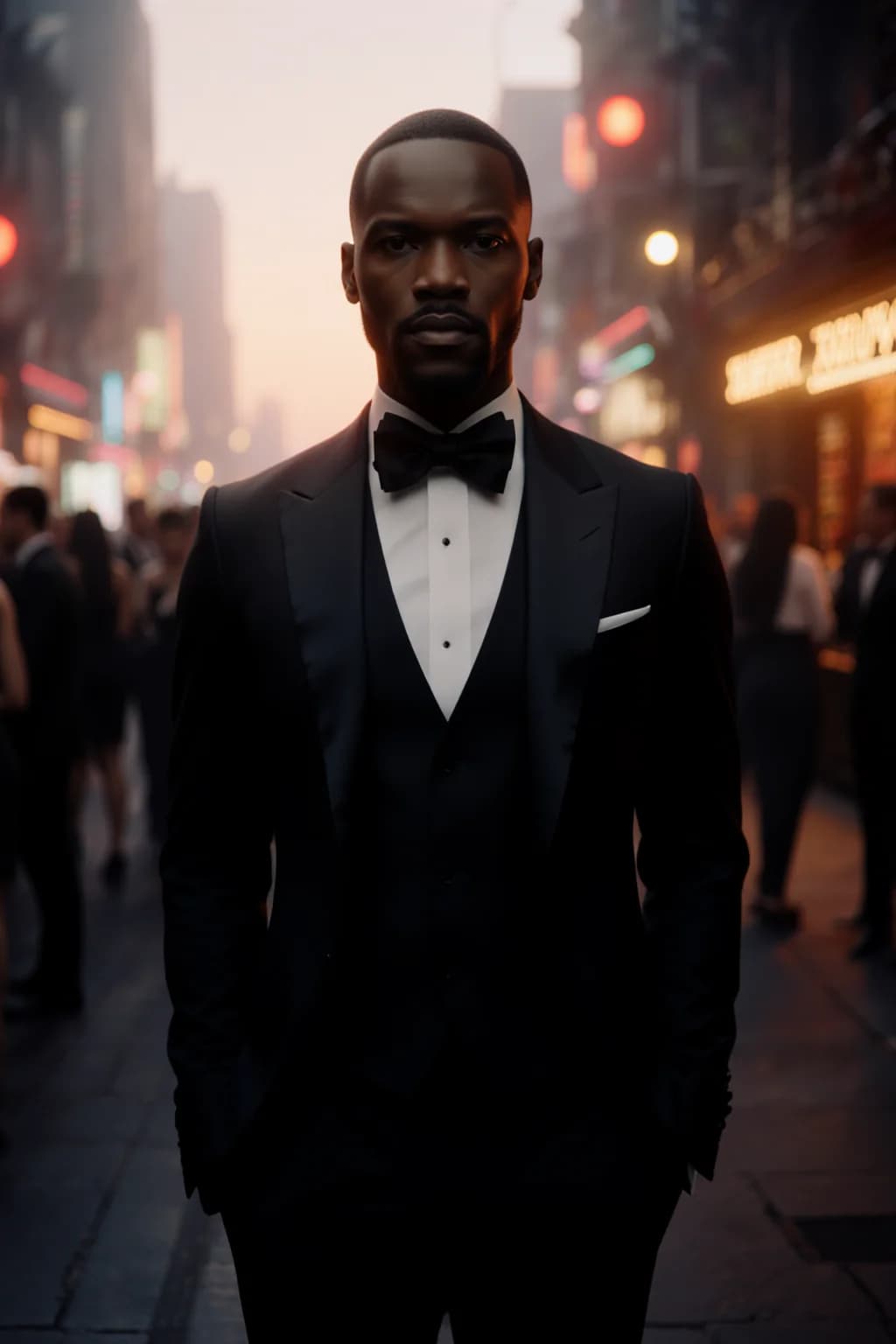 AI generated: A man stands confidently in a bustling city street at dusk, dressed in a classic black tuxedo with a...