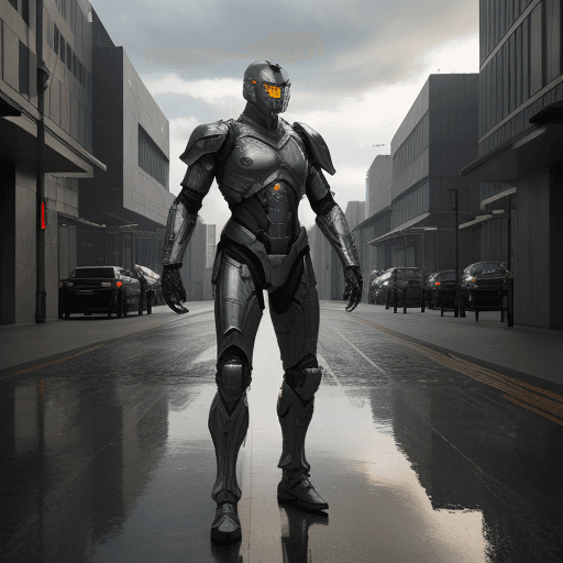 AI generated: Full battle armored futuristic soldier with advanced weapons and accessories, street, overcast, refl...