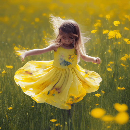 AI generated: High resolution photography wit beautiful girl 5 years old with yellow dress and yellow flowers she ...