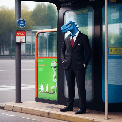 AI generated: A suited dinosaur patiently waiting in a bus stop
