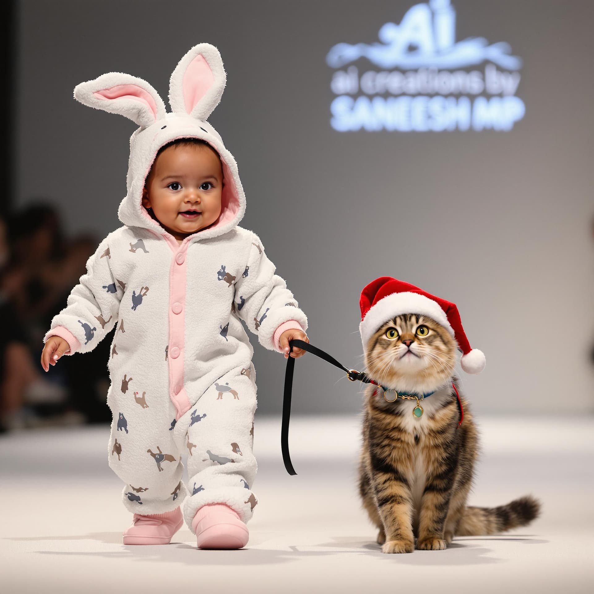 AI generated: A baby dressed in bunny pajamas leads a pet cat on a leash while walking at a Ai creations by SANEES...