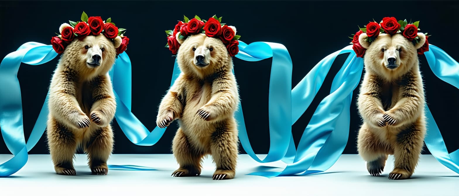 AI generated: abstract iconic Grateful Dead dancing bears with rose crowns on their heads with blue ribbons flowin...