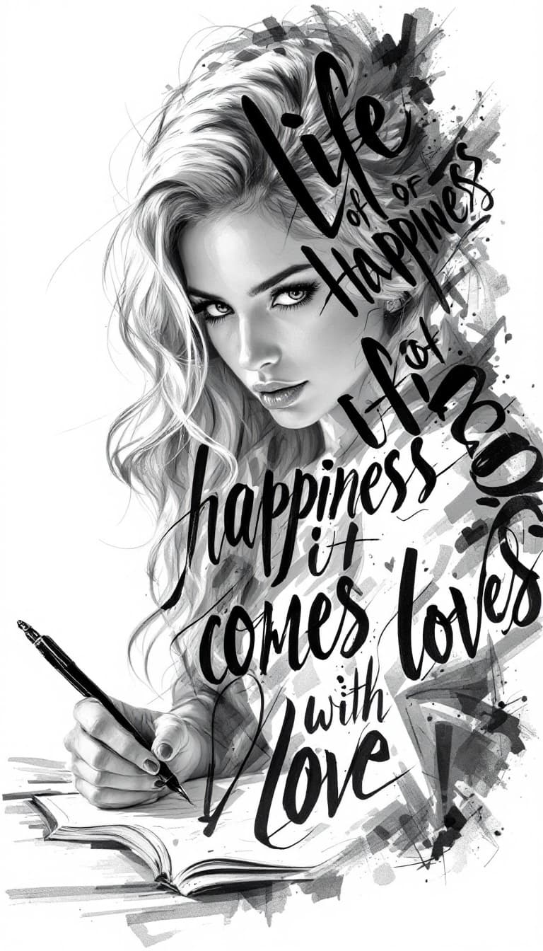 AI generated: Calligraphic Typography, Expressive Letters, Bold Text, Powerful, blone Woman Holding a Pen Writing,...