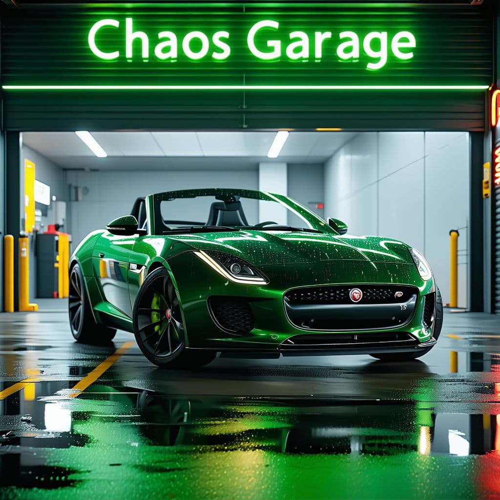 AI generated: General outline of a latest model British racing green jaguar ftype convertible, with glowing headli...