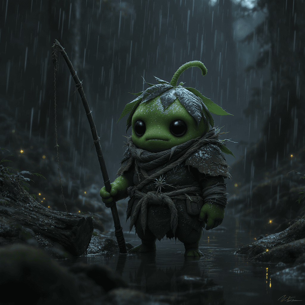 AI generated: "A small humanoid [type of vegetable or fruit] warrior/monk/fisherman standing in a wet forest at ni...