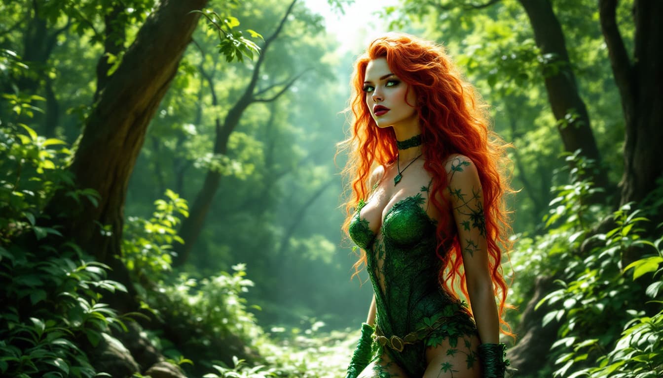 AI generated: This wide-angle digital illustration of a woman dressed as Poison Ivy showcases her striking feature...