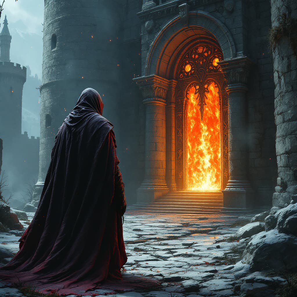 AI generated: Nuestro heroe de espaldas cubierto con una manta frente a un portal de fuego en la puerta de un cast...
