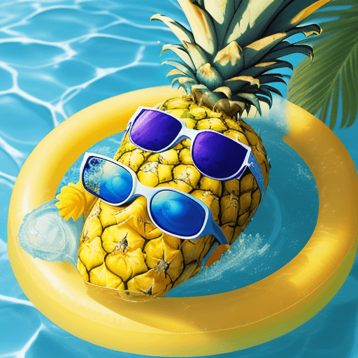 AI generated: Cool tropical summer pineapple wearing sunglasses floating in a swimming pool, Bright color, ultra r...