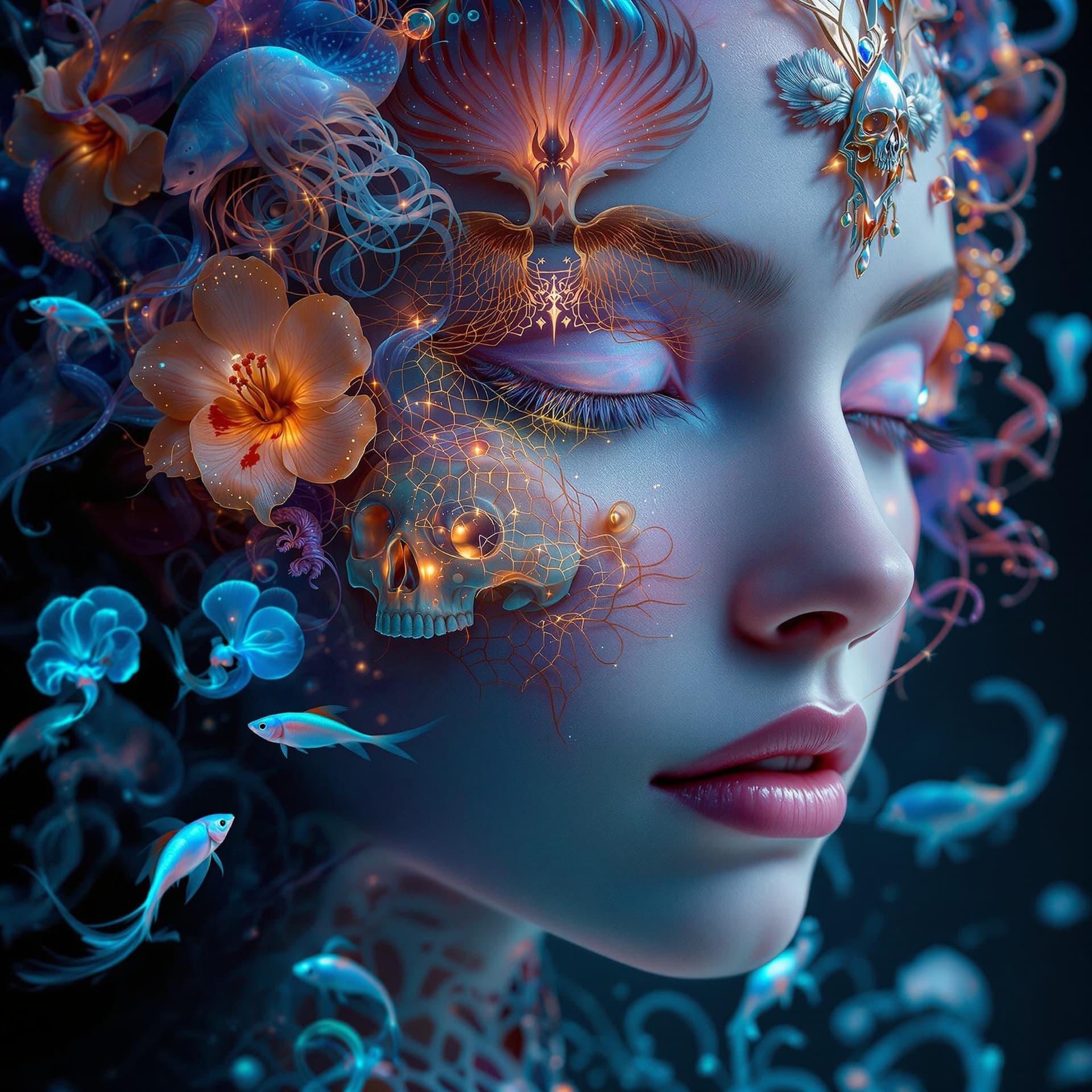 AI generated: Goddess close-up portrait ribcagel. jellyfish phoenix head, nautilus, orchid, skull, betta fish, bio...