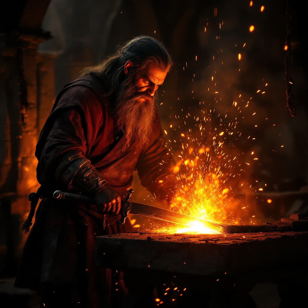 AI generated: 2.	a medieval blacksmith forging a glowing sword, sparks flying, intense shadows, authentic tools --...