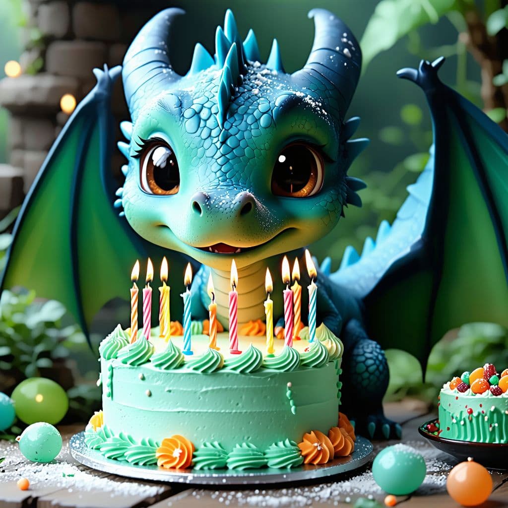 AI generated: Cute baby dragon blowing candles of a birthday cake
