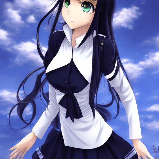 AI generated: Anime, girl, blue eyes, long black hair, white skirt, white suit, bambietta basterbine, anime Bleach...