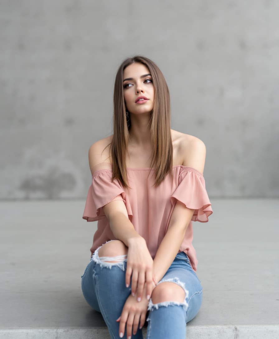 AI generated: A woman is seated on a wide step with her legs crossed. Her straight long brunette hair frames her b...