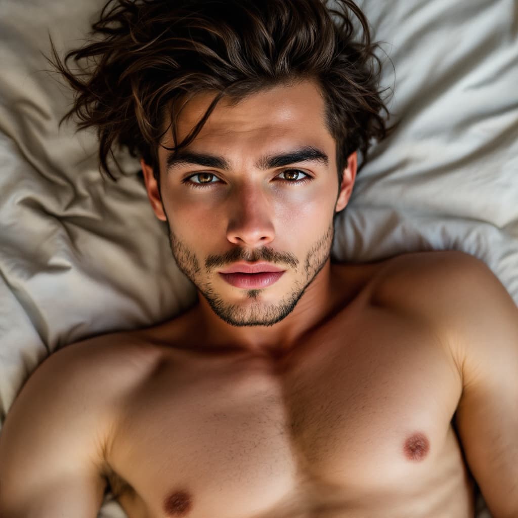 AI generated: male model naked laying on bed ,bulge 
