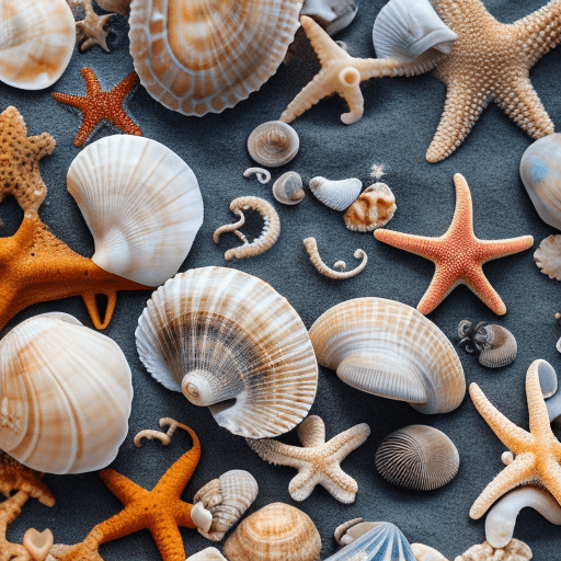 AI generated: sea beach with sea shells , octopus , starfish on the sand .