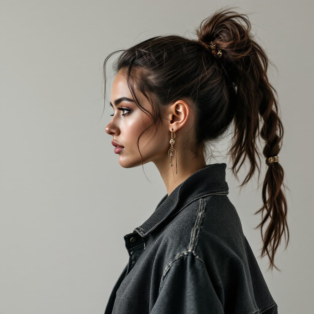 AI generated: Portrait de profil d'une femme au style alternatif, avec les cheveux attachés en chignon désordonné ...