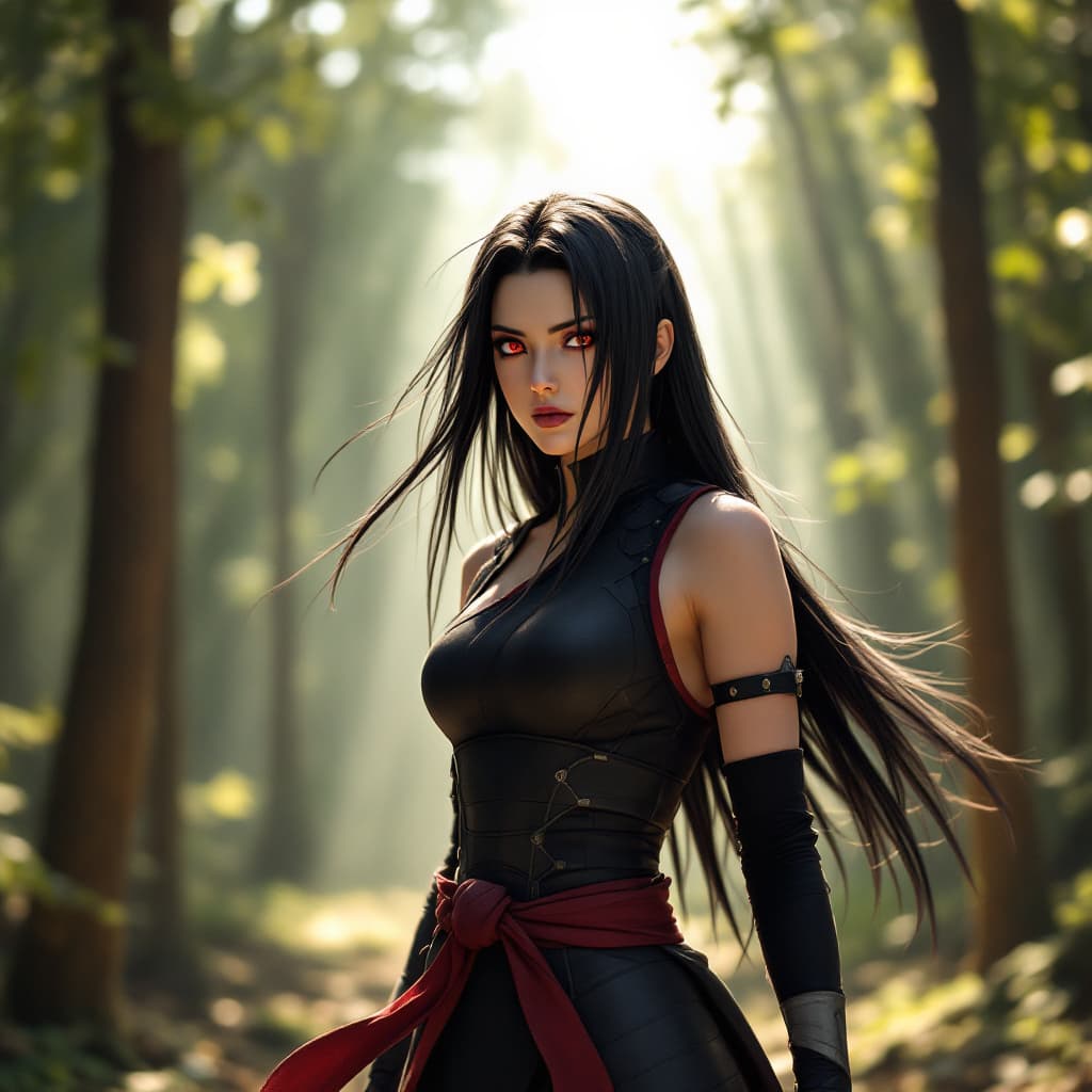 AI generated: Create a stunning photo-realistic image of female Madara Uchiha from 'Naruto.' She has long, black h...