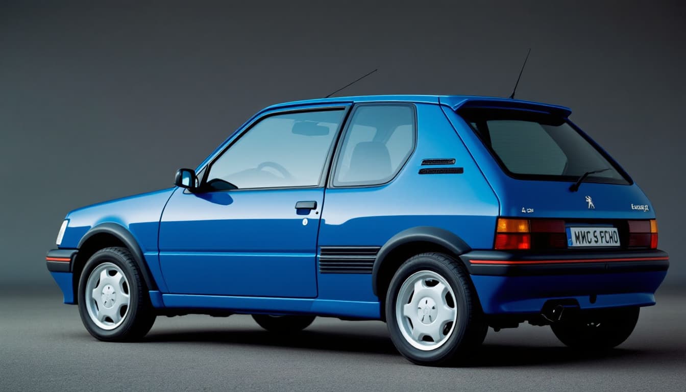AI generated: Make me an image of a blue 4-door Peugeot 205 seen from the side