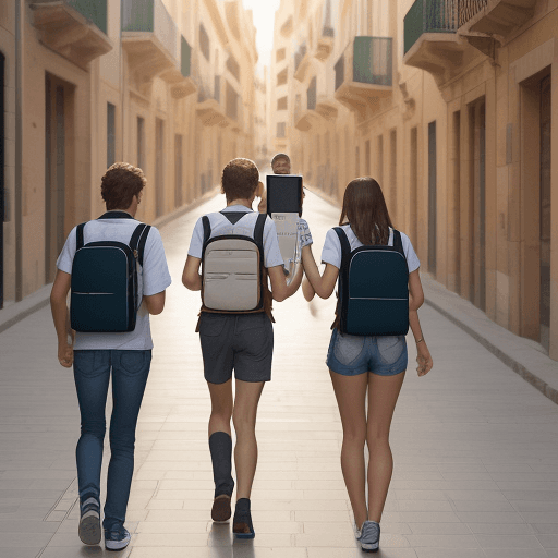AI generated: High resolution photography realistic of 4 students walking together in the streets of Tarragona wit...